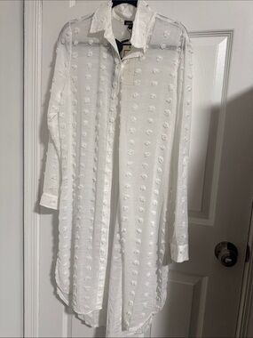 LUXE Oversized White Dot-Texture Button-Down Shirt
